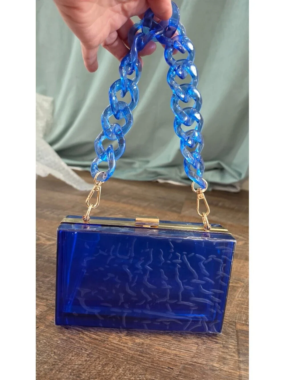 Modern Blue Acrylic Clutch Bag with Gold Hardware and Chain Handle